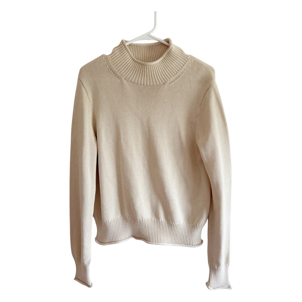 J.Crew New Heritage Roll Neck Cotton Knit Sweater Coastal Beige Cream Sz Medium